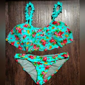 Betsey johnson bikini swimsuit Teal and pink roses vintage floral size small
